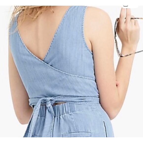 J. Crew Dark Matter Wrap Tie Chambray Wide Leg Cropped Jumpsuit - Picture 2 of 11